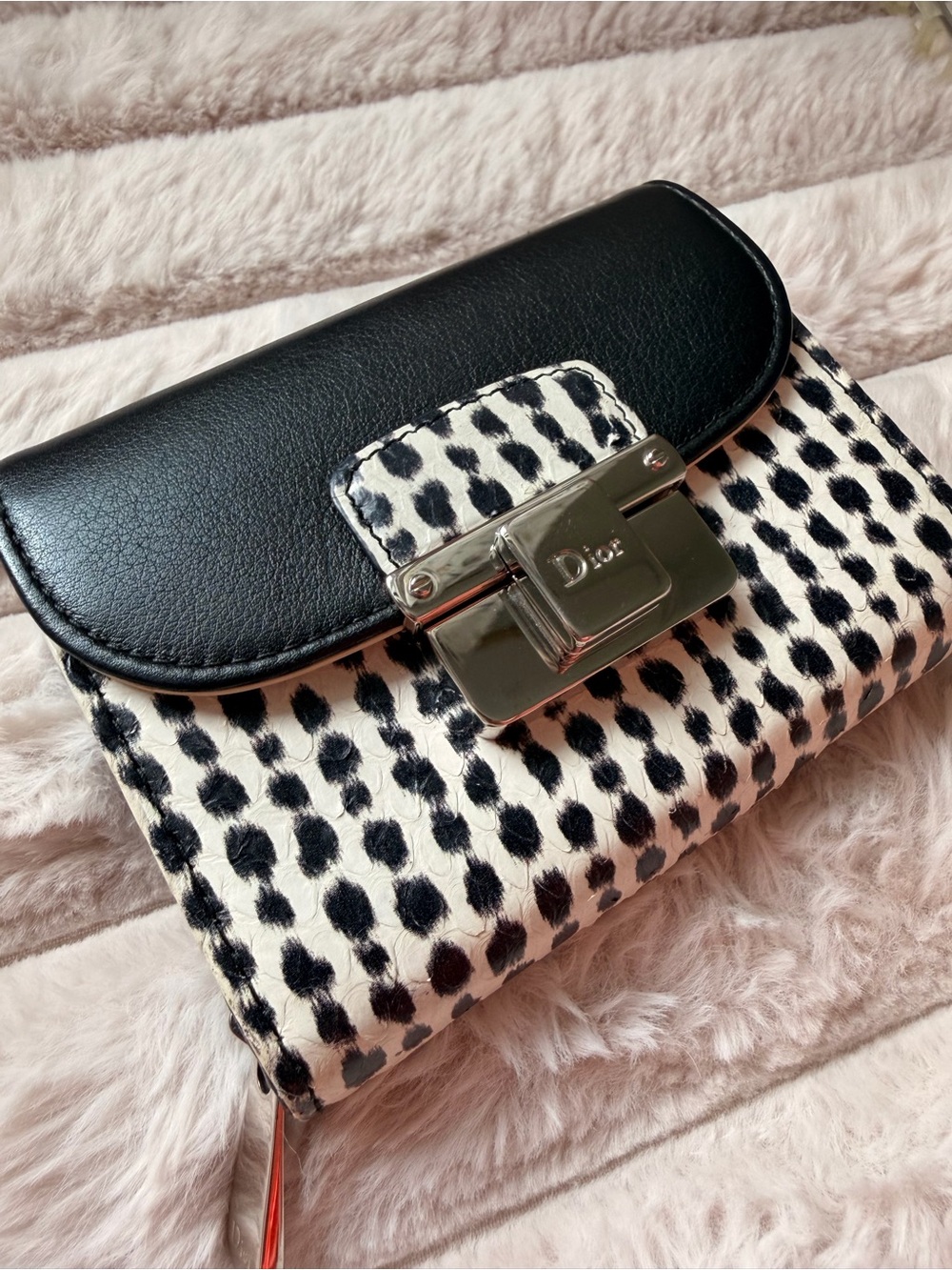Dior Black and White Spotted Snakeskin Leather Wallet with Silver Hardware
